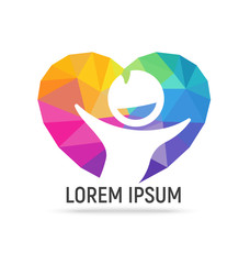 Polygonal happy kid in rainbow heart shape. Low poly healthcare logotype