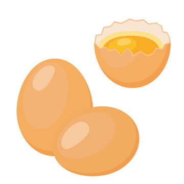 Eggs in cartoon flat style. Broken egg, eggshell with yolk