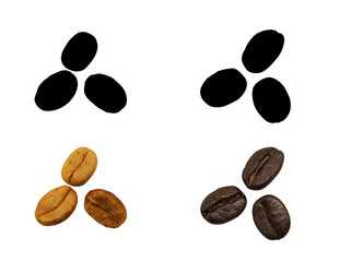 Roasted coffee beans and not roasted coffee bean, isolated and black picture for die-cut