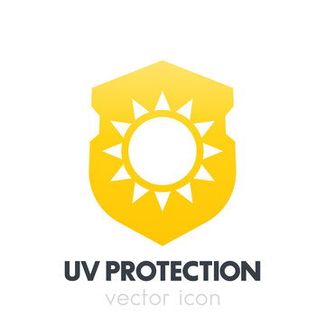 UV protection, sun on shield icon, symbol on white