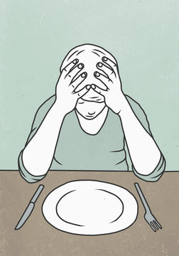 Illustration of man sitting with head in hands at dining table