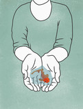 Illustration of person holding fish in hands against colored background
