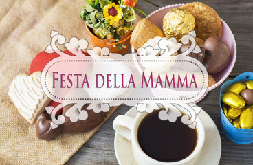 Happy Mothers day card text in italian. Festive morning breakfast. sunny filter 