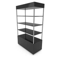 Empty showcase with glass shelves for exhibit. 3D render illustration isolated on white background. Trade show booth black pedestal for expo design.