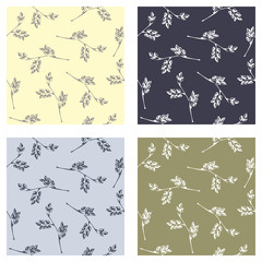 Set of seamless vector patterns, hand drawn backgrounds with branch and leaves. Hand sketch drawing. Doodle style. Series of Hand Drawn Patterns.