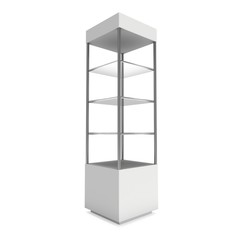 Empty showcase with glass shelves for exhibit. 3D render illustration isolated on white background. Trade show booth blank pedestal for expo design.