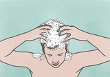 Illustration of man washing his hair against colored background