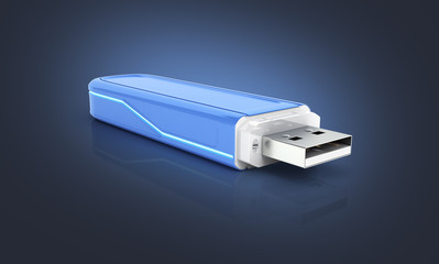 USB flash drive in blue with backlight on dark blue gradient background with reflection 3d