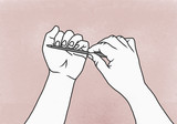 Illustration of woman filing her fingernails against colored background