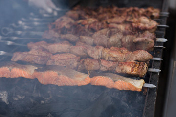 Beef and chicken kebab. Fresh meat at grill, bbq