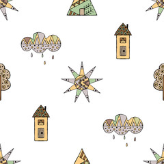 Vector hand drawn seamless pattern, decorative stylized childish house, tree, sun, cloud, rain Doodle style, graphic illustration Childlike cute cartoon, hand drawing in vintage brown colors.