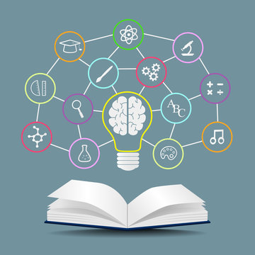 vector knowledge concept ,  education , open book circle icon subjects, brain in bulb