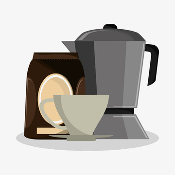 set metallic jar with packaking of coffee and porcelain cup vector illustration