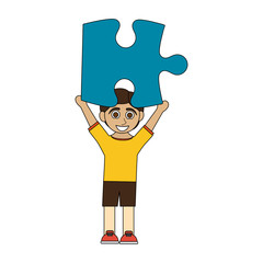 colorful caricature boy with blue puzzle piece up vector illustration
