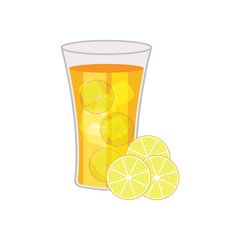 ice lemon tea with lemon, lemon leaf  and ice cube. vector illustration