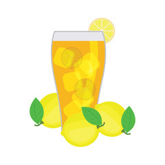 ice lemon tea with lemon, lemon leaf  and ice cube. vector illustration