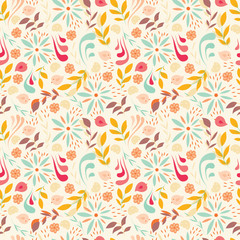 Seamless pattern design with little flowers, floral elements, birds