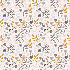 Fototapeta na wymiar Seamless pattern design with little flowers, floral elements, birds