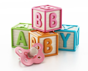 Colorful toy cubes forming baby word. 3D illustration © Destina