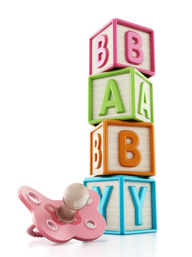 Colorful toy cubes forming baby word. 3D illustration