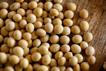 healthy soy bean on wooden background.