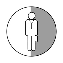 grayscale circular frame shading with pictogram male doctor with stethoscope and first aid kit vector illustration