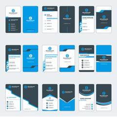 Set of modern business card print templates. Vertical business cards. Blue and black colors. Personal visiting card with company logo. Vector illustration. Stationery design