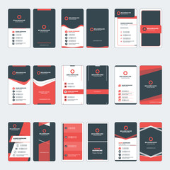 Set of modern business card print templates. Vertical business cards. Red and black colors. Personal visiting card with company logo. Vector illustration. Stationery design