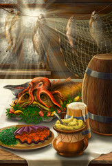 Still life on sea theme with food