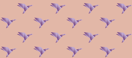 Pattern with purple origami birds on the coral background