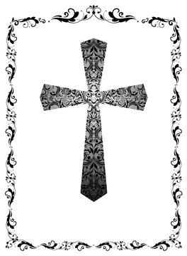 Greeting black and white card with vintage floral cross