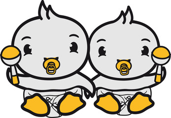 paar pärchen geschwister 2 freunde brüder schwestern schnuller windel rassel spielen küken süß niedlich klein baby kind ente vogel comic cartoon