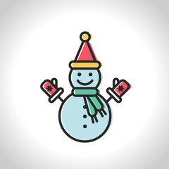 Happy winter snowman with mittens and scarf. Christmas Line art icon for apps and websites. Vector