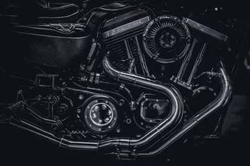 Foto op Plexiglas Voor hem Motorfiets motor motor uitlaatpijpen kunst fotografie in zwart-wit vintage toon