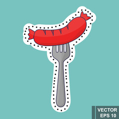 Delicious fast food sausage icon on the fork. Isolated on a blue background. sticker.