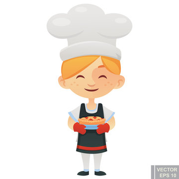 Illustration of cartoon a baker with pie kid child job and profession dream