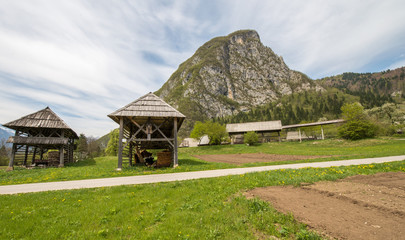 Traditional wooden double hayrack in Bohinj, Slovenia during spring time