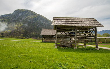 Traditional wooden double hayrack in Bohinj, Slovenia during spring time