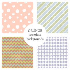 Set of seamless vector patterns. Geometric backgrounds with circles, rhombus, crancle, diagonal lines. Grunge texture with attrition, cracks and ambrosia. Old style vintage design.