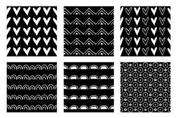 Set of seamless vector patterns. Black and white geometrical endless backgrounds with hand drawn geometric shapes, triangles, circles, dots, lines, Simple graphic design. Repeat decorative ornament.