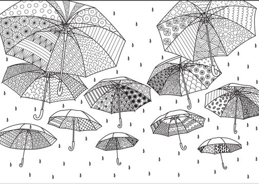 Flying umbrellas for background,illustration,card, adult or kids coloring book page. Vector illustration
