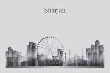 Sharjah city skyline silhouette in grayscale