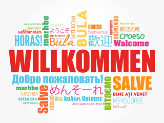 Willkommen (Welcome in German) word cloud in different languages, conceptual background