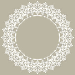 Oriental vector round white frame with arabesques and floral elements. Floral border with vintage pattern. Greeting card with place for text