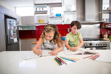 Siblings doing homework in kitchen