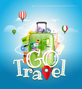 Go travel concept. Travel bag and different touristic elements