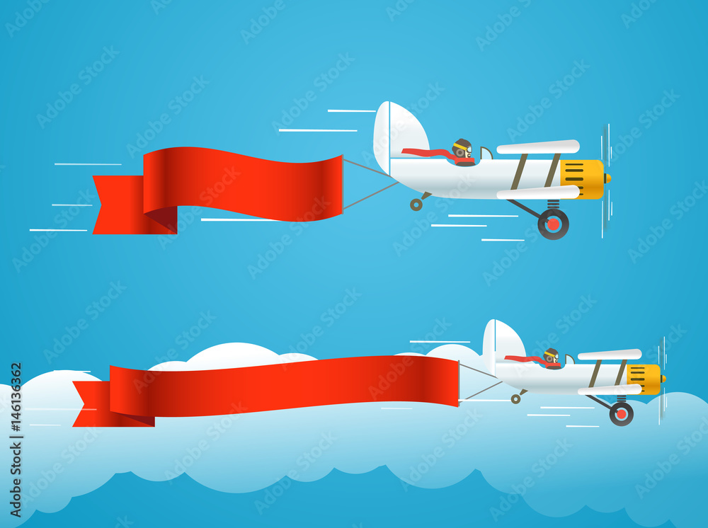 Wall mural Flying vintage plane with banners. Template for a text