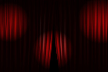 Opening stage curtains with bright projectors. Vector illustration. Standup show template