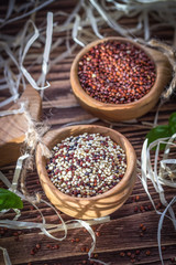 Mixed and red raw quinoa seeds in wooden spoons on a brown background. Ructic style