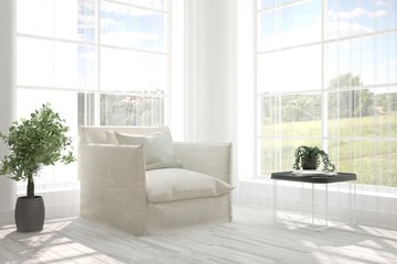 White room with armchair and green landscape in window. Scandinavian interior design. 3D illustration